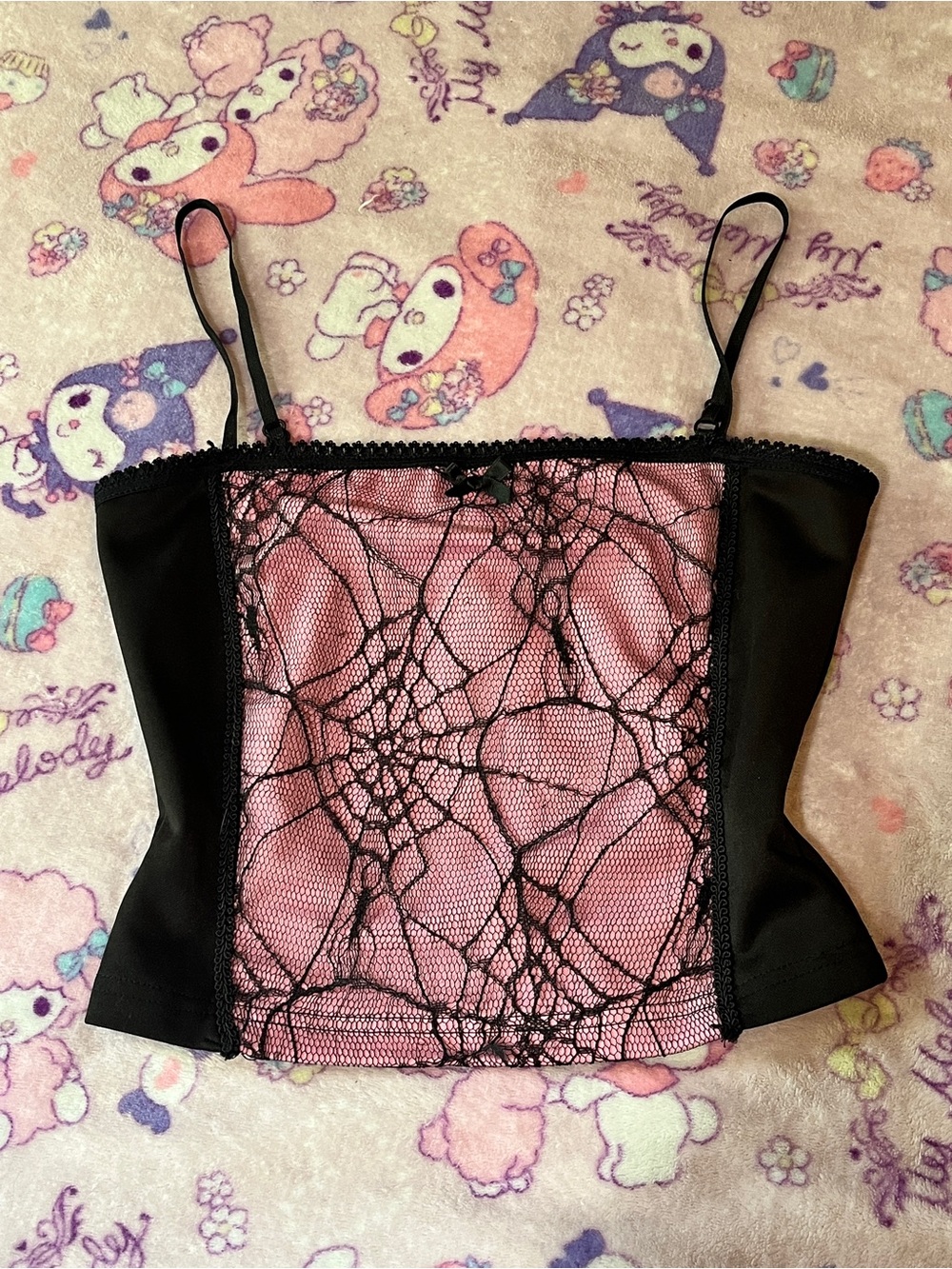 Pink & Black Spiderweb Lace Cropped Tank Top